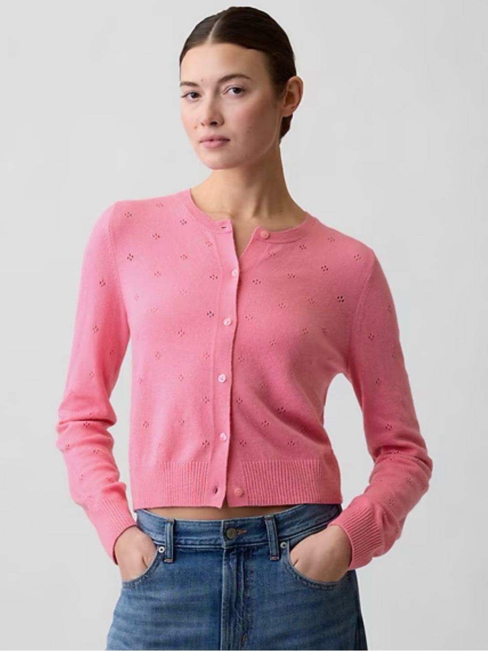 Gap CashSoft Pointelle Cardigan French Pink Size Small EUC Button Front Sweater